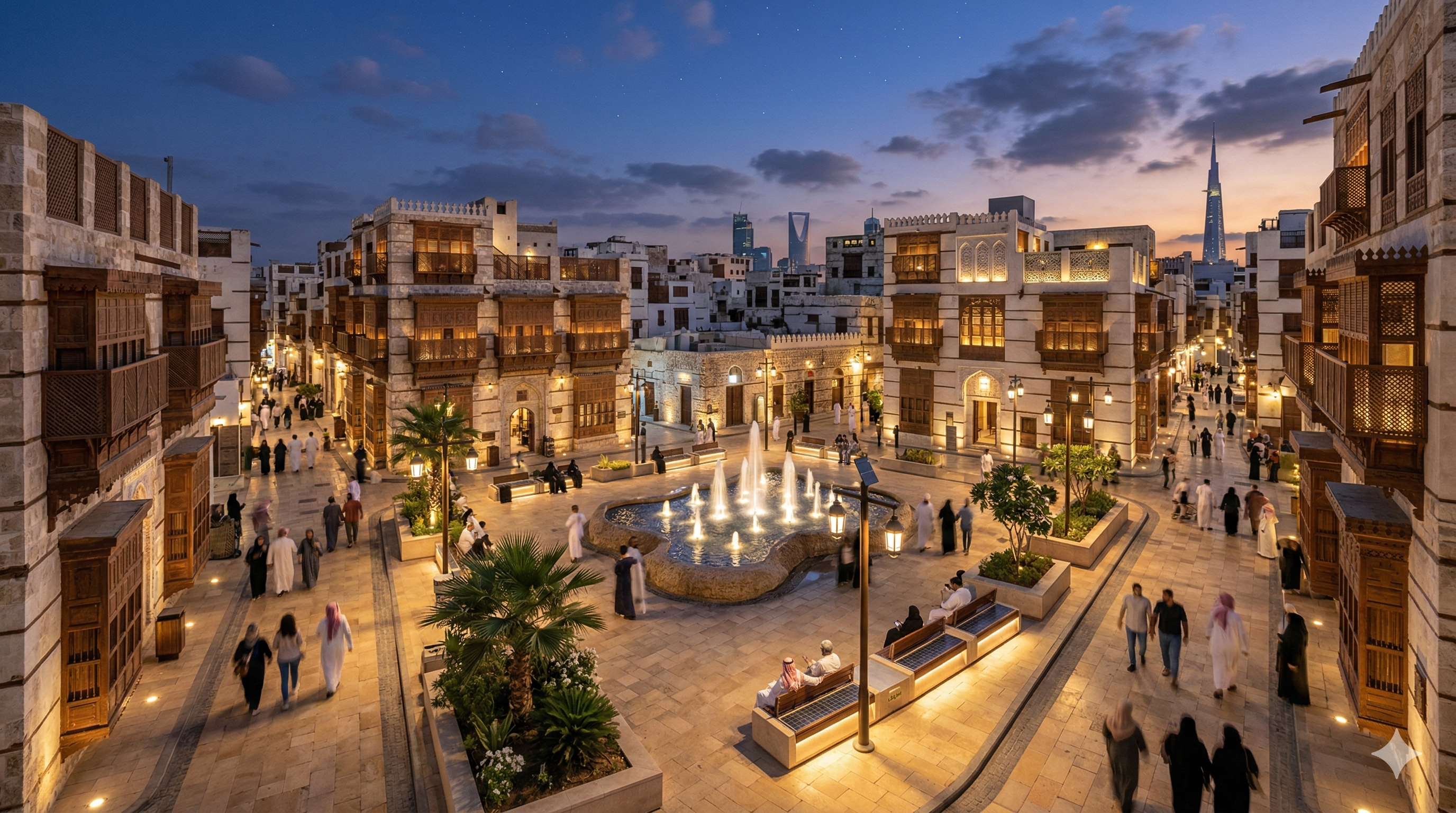 Al-Balad Historical Plaza - traditional Islamic courtyard with fountain and stone architecture