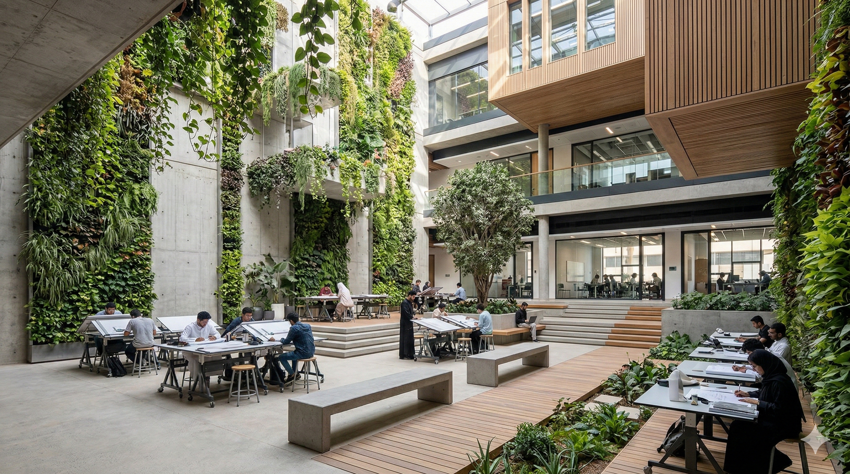 Faculty of Architecture Atrium - biophilic courtyard with lush plants and balconies